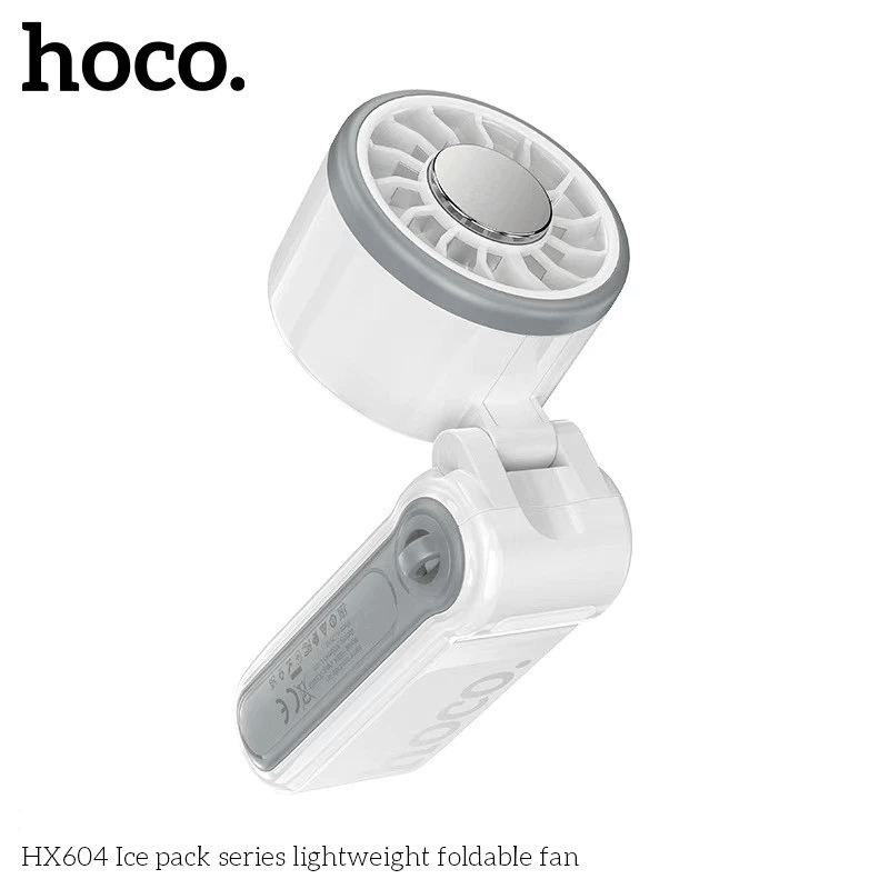 พัดลมพกพา HOCO HX604 สีขาว พร้อมแผ่นทำความเย็น พับได้ 90&deg; ความเร็วมอเตอร์ 10000 RPM แบตเตอรี่ 3000MAH